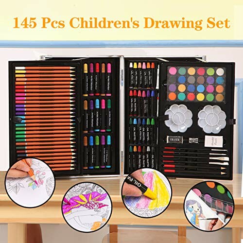 Set de dessin pour enfants avec 145 pièces comprenant crayons, pastels, et peintures.