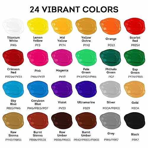 Palette de 24 couleurs de peinture vibrantes avec des noms et des codes.