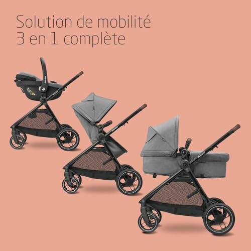 Trois poussettes pour bébé avec différentes configurations.