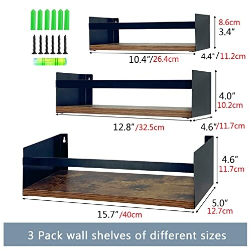 Ensemble de trois étagères murales de tailles différentes avec dimensions