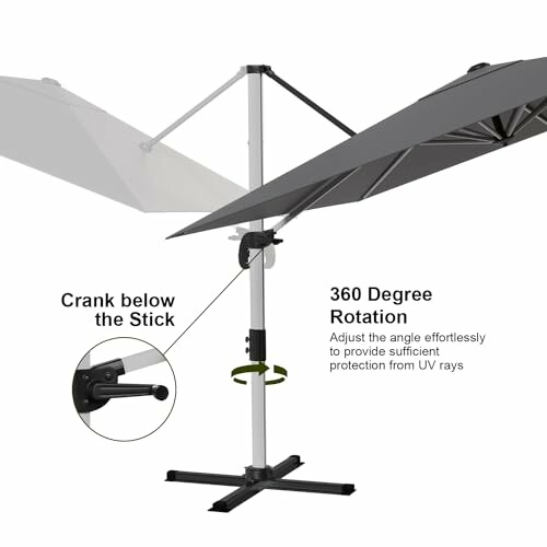 Parasol rotatif à 360 degrés avec manivelle pour ajuster l'angle.