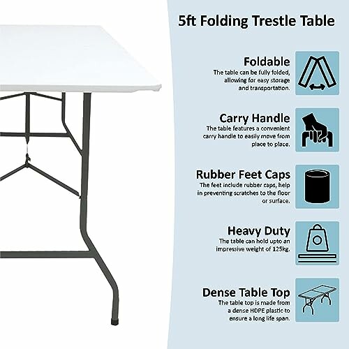 Table pliante de 5 pieds avec caractéristiques de transport et de durabilité.