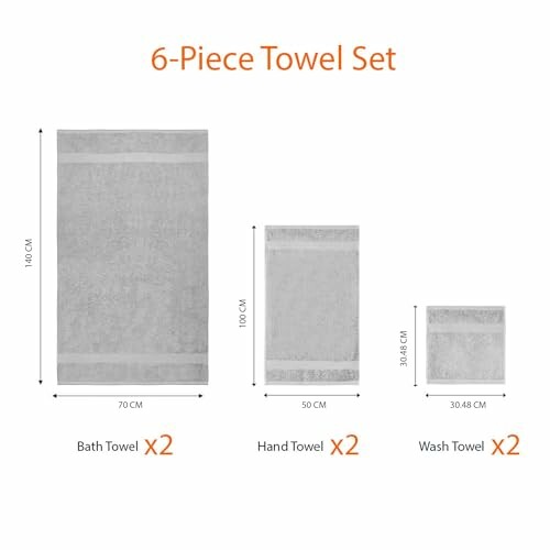 Ensemble de 6 serviettes avec serviettes de bain, de main et de toilette, dimensions indiquées.