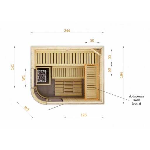 Vue intérieure du sauna avec bancs confortables.