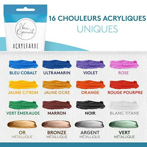 Palette de 16 couleurs de peinture acrylique avec noms.