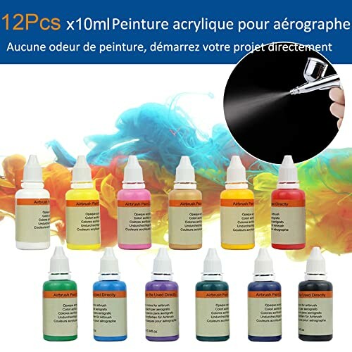 Ensemble de peintures acryliques pour aérographe avec 12 couleurs.