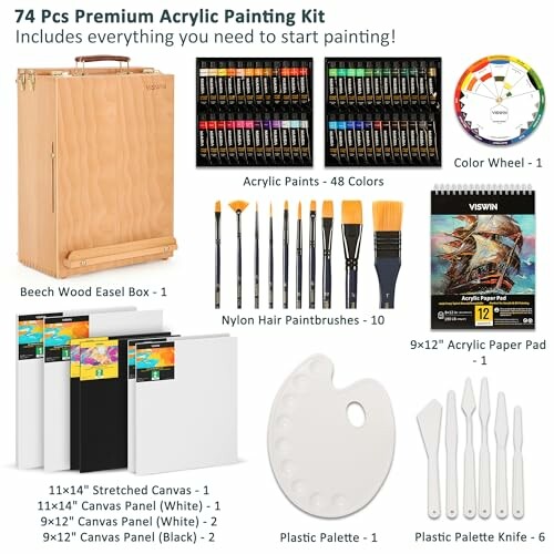 Kit de peinture acrylique avec chevalet, pinceaux et toiles.