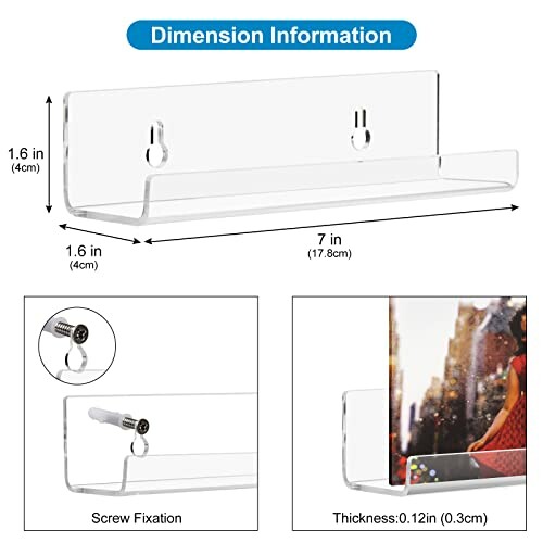 Dimensions d'une étagère murale en acrylique transparente avec fixation par vis.