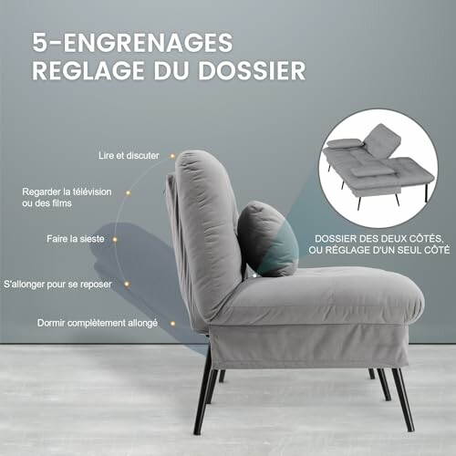 Chaise avec dossier réglable en cinq positions.