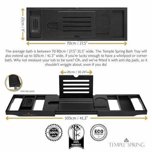 Plateau de bain réglable noir avec supports antidérapants