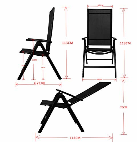 Chaise de patio noire réglable avec dimensions.