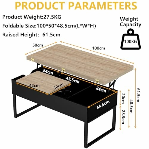 Table basse ajustable avec dimensions et capacité de poids.