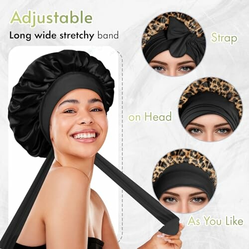 Femme portant un bonnet réglable avec des bandes extensibles.