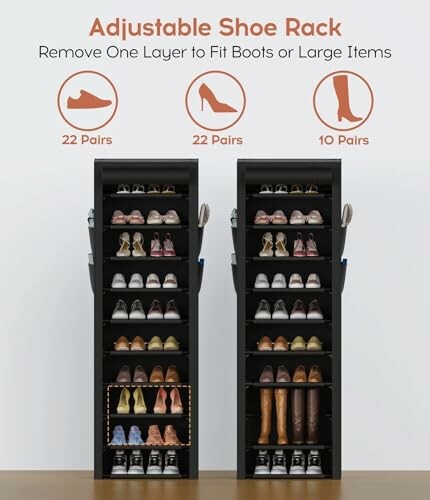 Étagère à chaussures réglable avec options de rangement pour différentes tailles.