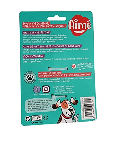 Emballage de jouet pour chien Aimé avec détails du produit.