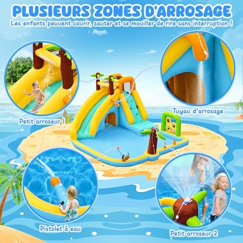 Aire de jeux gonflable avec toboggan et zones d'arrosage pour enfants.