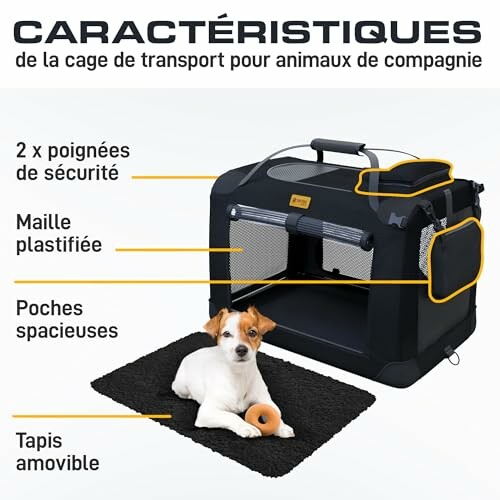 Cage de transport pour animaux avec chien, caractéristiques en surbrillance.