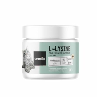 Complément alimentaire L-Lysine pour chats avec image de chat sur l'emballage.