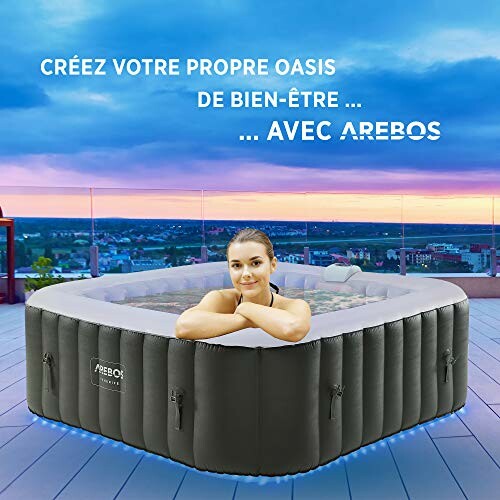 Femme relaxant dans un jacuzzi gonflable sur une terrasse.