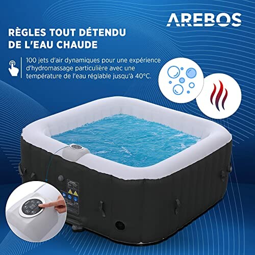 Bain à remous gonflable avec panneau de contrôle et eau bleue.