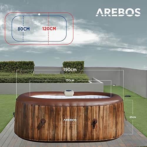 Jacuzzi gonflable sur une terrasse avec dimensions.