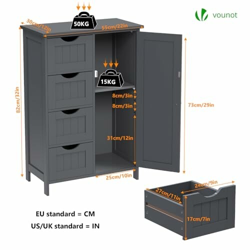 Armoire grise avec dimensions et capacité de poids.