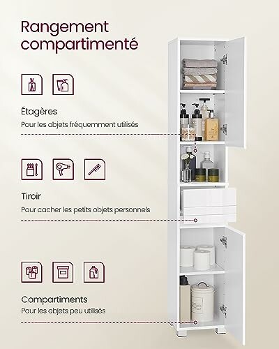 Armoire blanche avec étagères et tiroir pour le rangement.