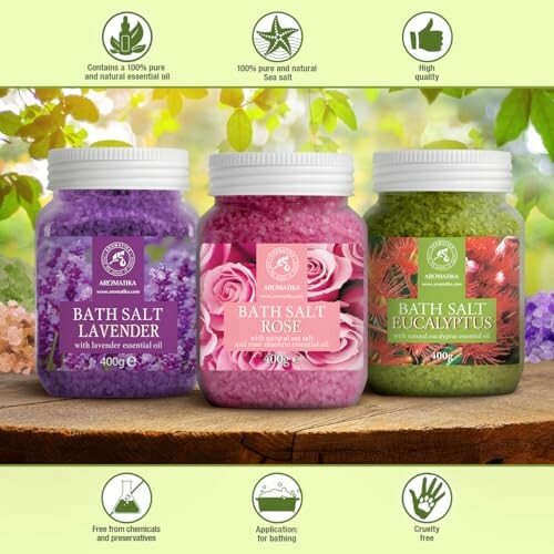 Trois pots de sels de bain aromathérapie : lavande, rose et eucalyptus.