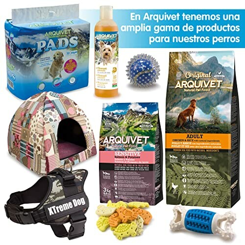 Produits pour chiens Arquivet comprenant nourriture, jouets et accessoires.