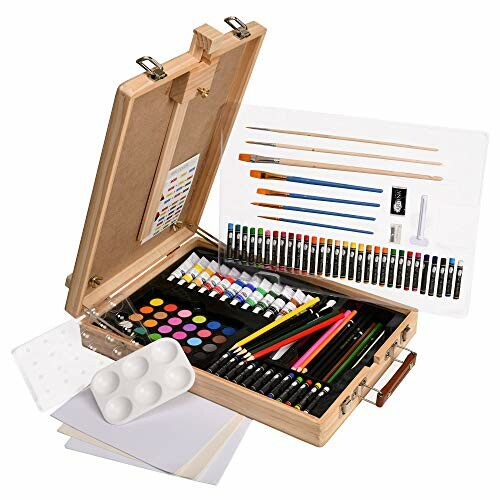 Kit de fournitures d'art avec peintures, crayons et pinceaux.