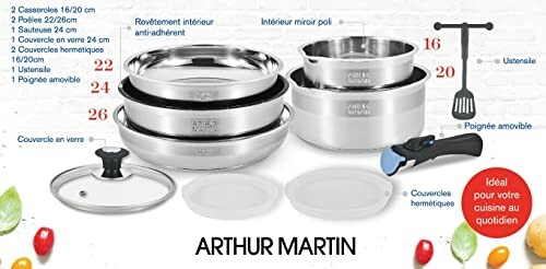 Set de cuisine Arthur Martin avec casseroles et ustensiles.