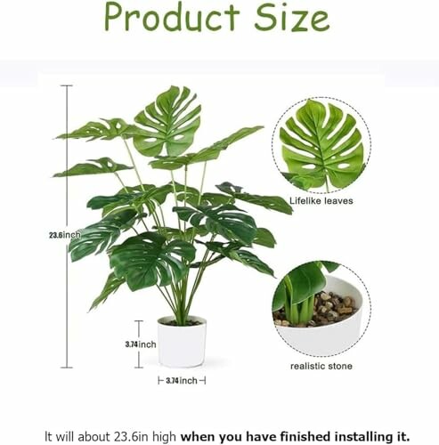 Plante artificielle Monstera avec feuilles réalistes et pierres