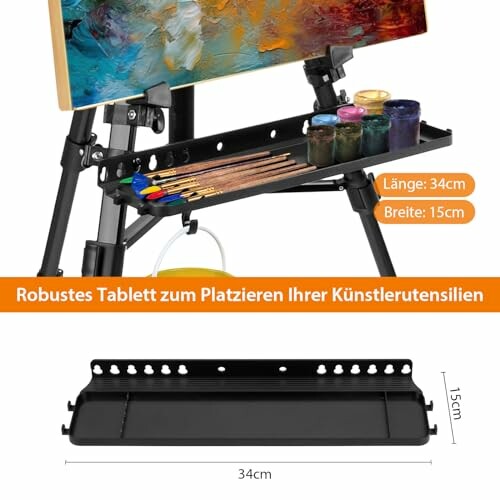 Tablette robuste pour chevalet avec pinceaux et peintures.