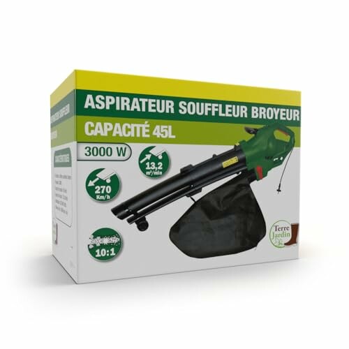 Aspirateur souffleur broyeur avec capacité de 45L et puissance de 3000W.