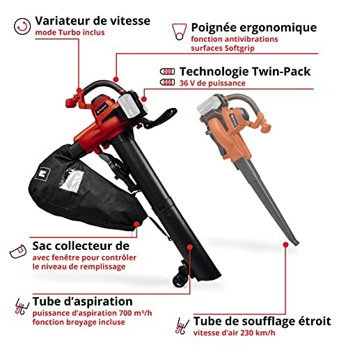 Aspirateur et souffleur de feuilles avec variateur de vitesse et sac collecteur.