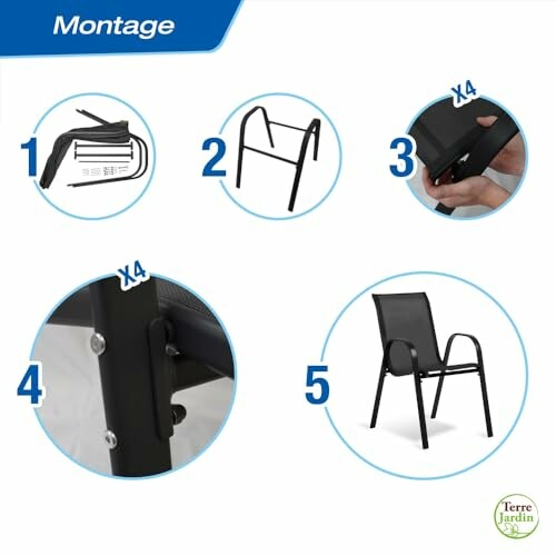 Instructions de montage pour une chaise avec cinq étapes numérotées.