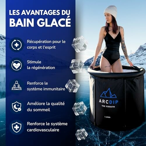 Femme dans un bain glacé avec liste des avantages.
