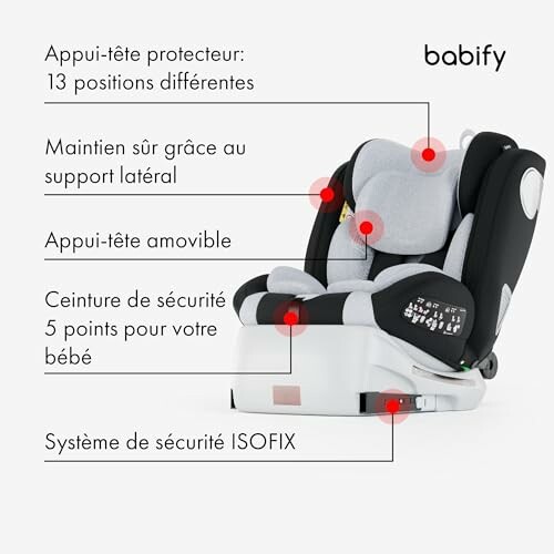 Siège auto Babify avec caractéristiques en surbrillance