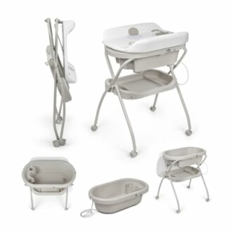 Table à langer avec baignoire pour bébé, pliable et pratique.