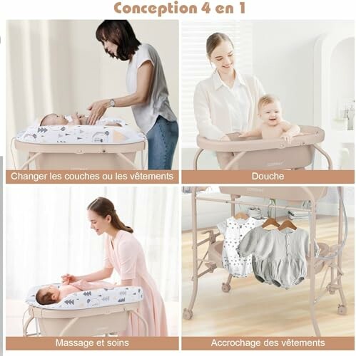 Station de soins pour bébé 4 en 1 avec options pour changer, doucher, masser et accrocher.