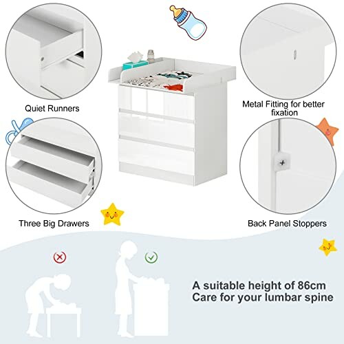 Table à langer pour bébé avec tiroirs et fixations métalliques.