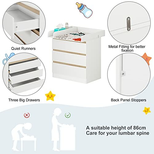 Table à langer avec tiroirs et caractéristiques ergonomiques pour le dos.