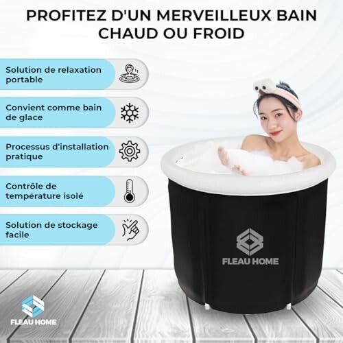 Femme se relaxant dans un bain portable avec points clés en texte.
