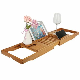 Plateau de baignoire en bambou avec support pour tablette et verre.