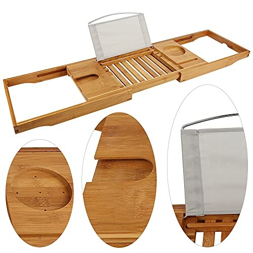 Plateau de baignoire en bambou avec porte-livre et support pour accessoires.