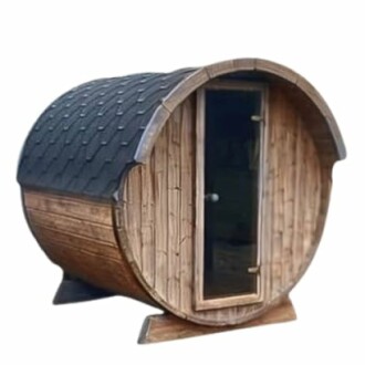 Sauna en forme de tonneau en bois avec porte en verre.