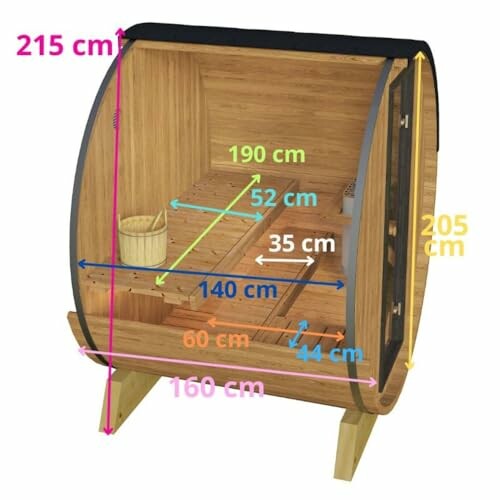 Dimensions d'un sauna en forme de tonneau avec bancs et seau.