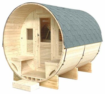 Sauna en forme de tonneau en bois avec toit gris.