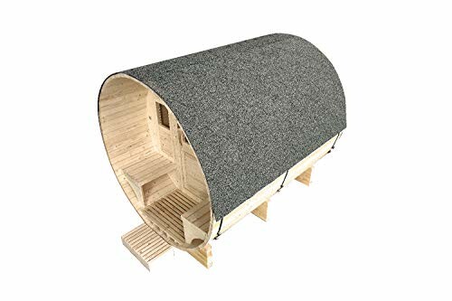 Sauna en forme de tonneau en bois avec toit gris.