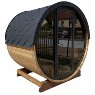 Bureau de jardin en forme de tonneau avec porte vitrée.